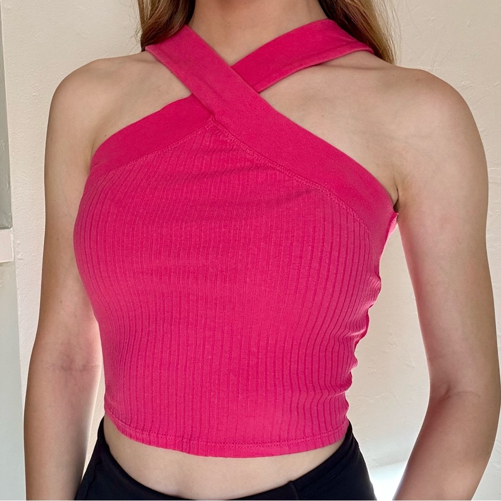 Zara Pink Cross Neck Cropped Tank